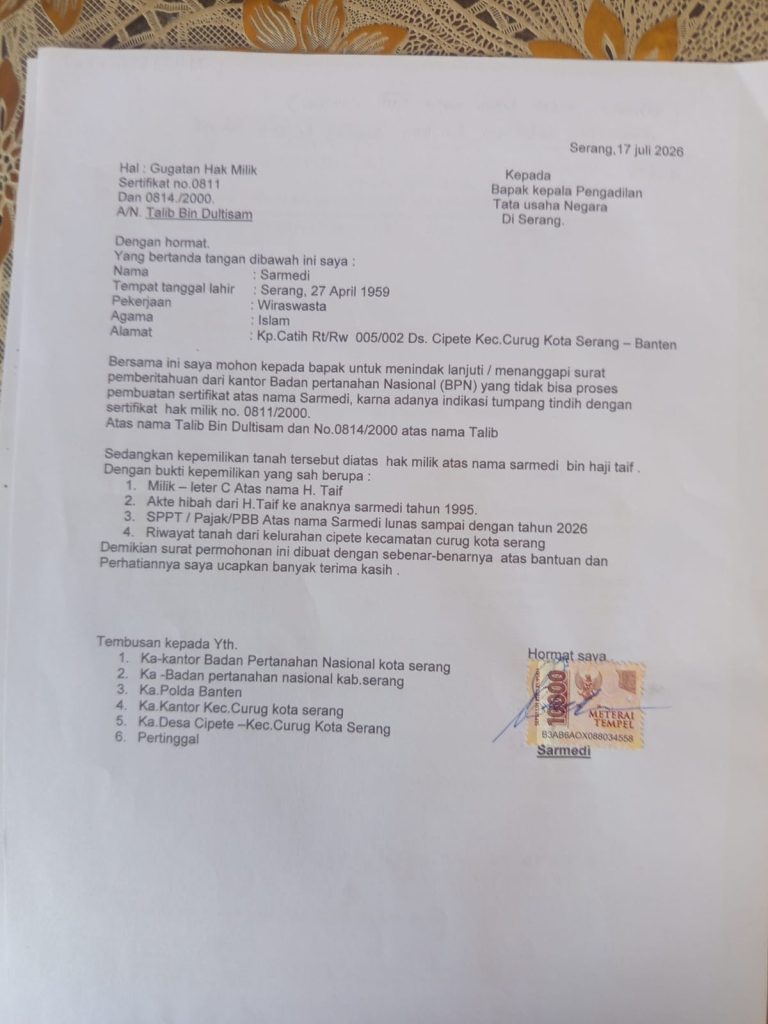 Surat Permohonan sertifikat atas nama Talib di hapus atau batalkan pada BPN Kota Serang
